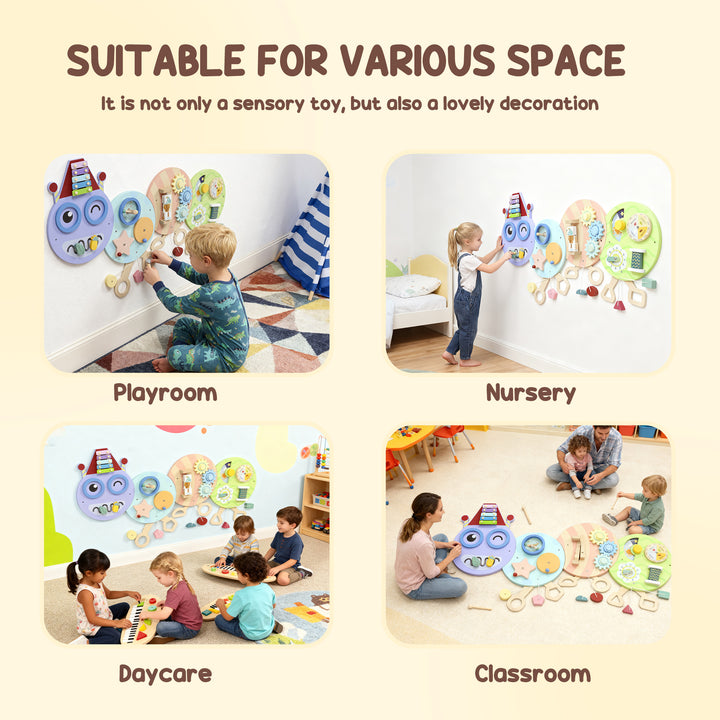 Qaba Caterpillar Montessori Busy Board, 7 in 1 Sensory Wall for Playroom Nursery Classroom, for Toddlers 3+ Years