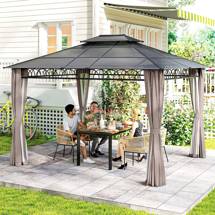 Outsunny 10' x 12' Outdoor Gazebo Canopy, Double Roof Hardtop Gazebo with Polycarbonate Roof, Steel Frame, Nettings and Curtains, for Garden, Lawn, Backyard and Deck, Khaki