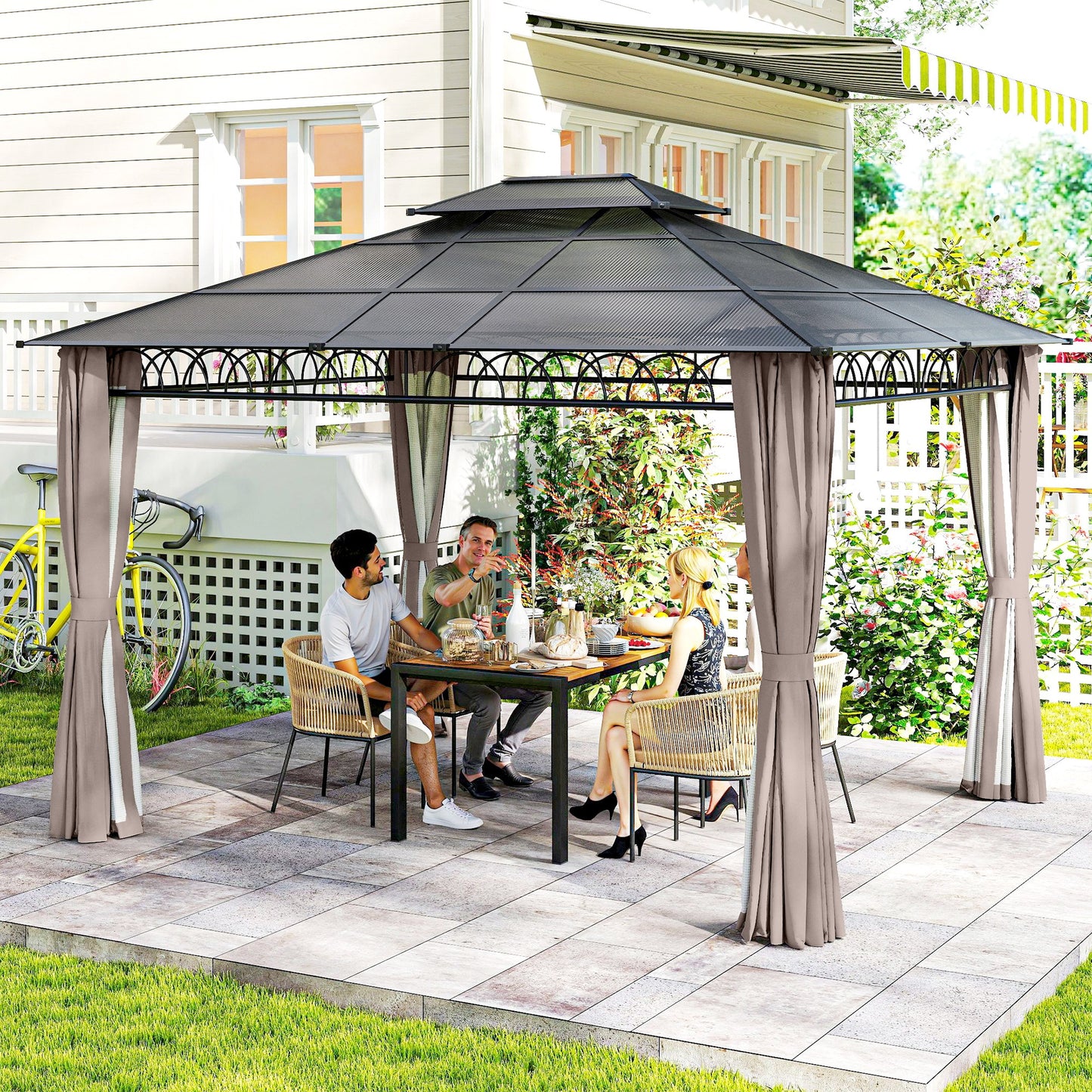 Outsunny 10' x 12' Outdoor Gazebo Canopy, DoubleÂ Roof Hardtop Gazebo withÂ Polycarbonate Roof, Steel Frame, NettingsÂ andÂ Curtains, forÂ Garden,Â Lawn,Â BackyardÂ andÂ Deck, Khaki