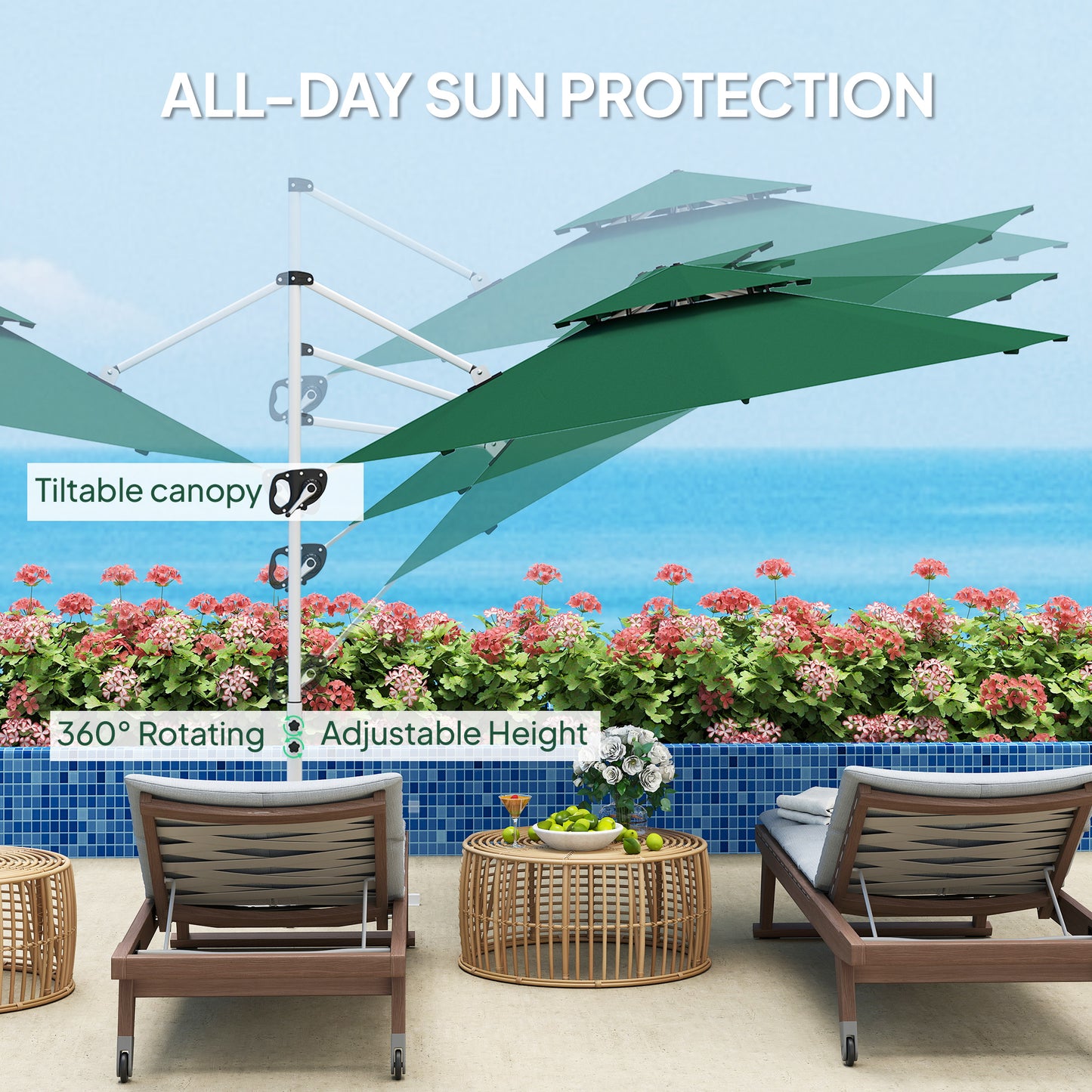 Outsunny 10 FT Cantilever Patio Umbrella with 360Â° Rotation & Adjustable Height, Cross Base, Crank and Tilt, Dark Green