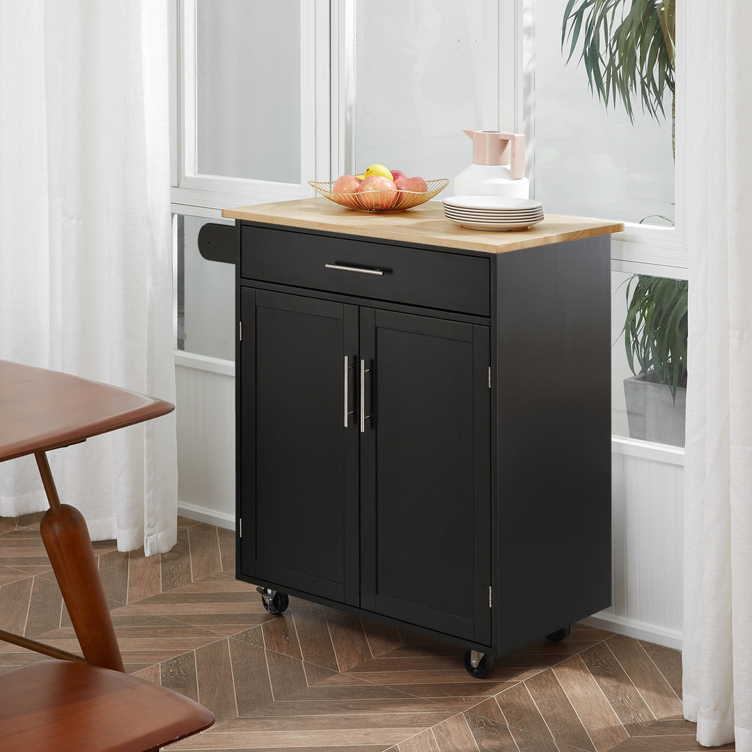 HOMCOM Rolling Kitchen Island Cart with Wood Top, Enough Storage Drawer Space with Towel Bar Rack Shelves, Portable Kitchen Utility Serving Cart Trolley on Wheels, Black