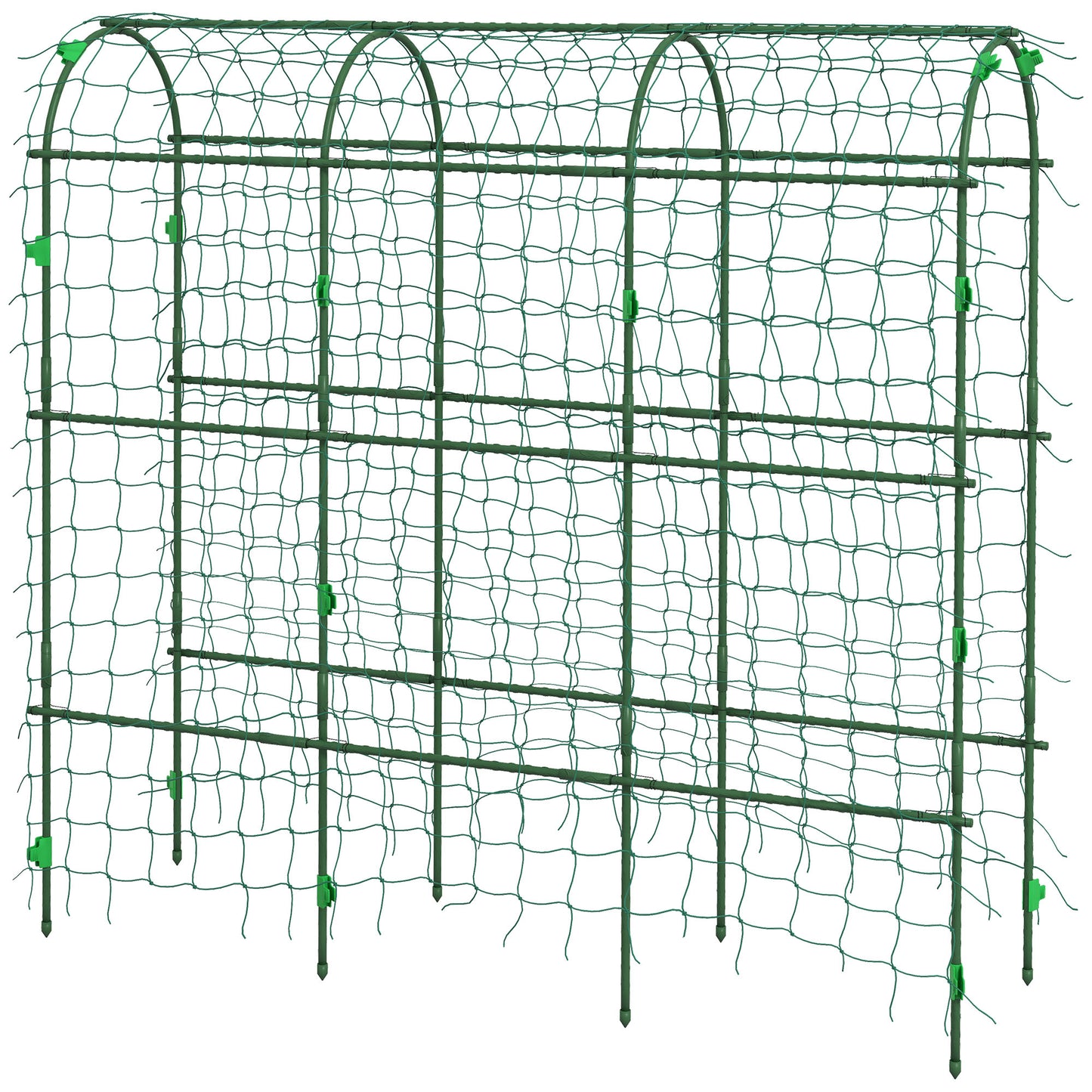 Outsunny Arched Garden Trellis w/ Climbing Net Metal Cucumber Plant Trellis A-Frame for Climbing Plants 57" x 66" x 81"