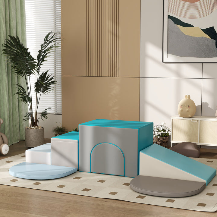 Qaba 7-piece Soft Play, Foam Climbing Blocks for Toddlers, Kids' Educational Climbing Crawling Toys, Kids Foam Play Set Stairs and Ramp, Multicolored