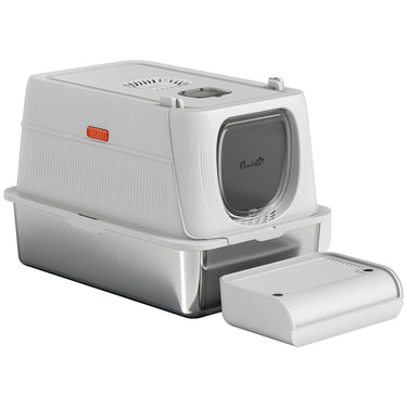 PawHut XL Stainless Steel Cat Litter Box, Kitty Litter Box with Flip Cover, Pedal, Deodorizer, for Big Cats
