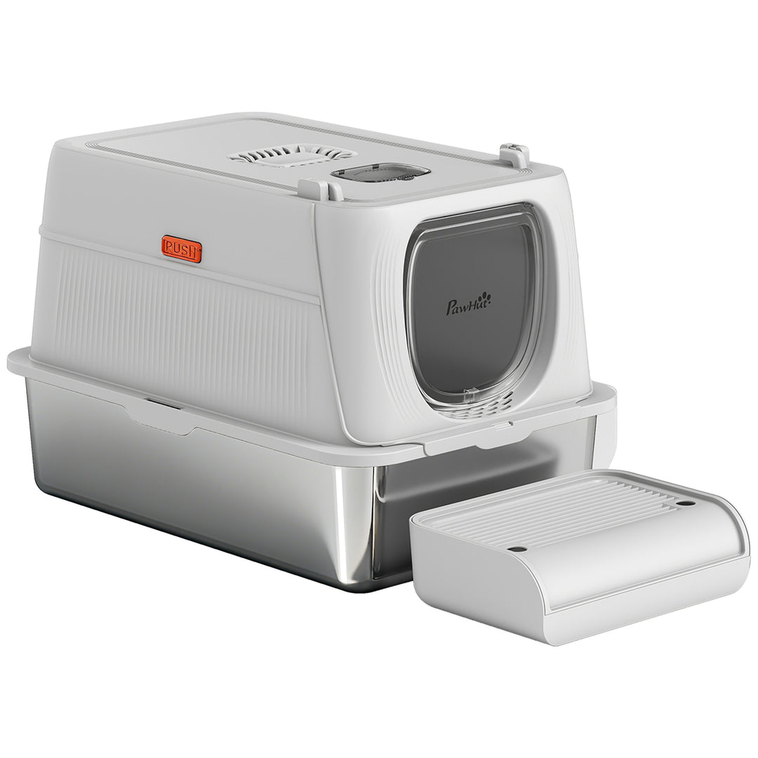 PawHut XL Stainless Steel Cat Litter Box, Kitty Litter Box with Flip Cover, Pedal, Deodorizer, for Big Cats