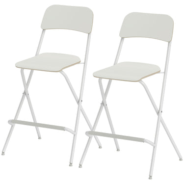 HOMCOM Folding Bar Stools Set of 2, Counter Height Foldable Stool with Wooden Effect Seat and Steel Frame for Kitchen, White