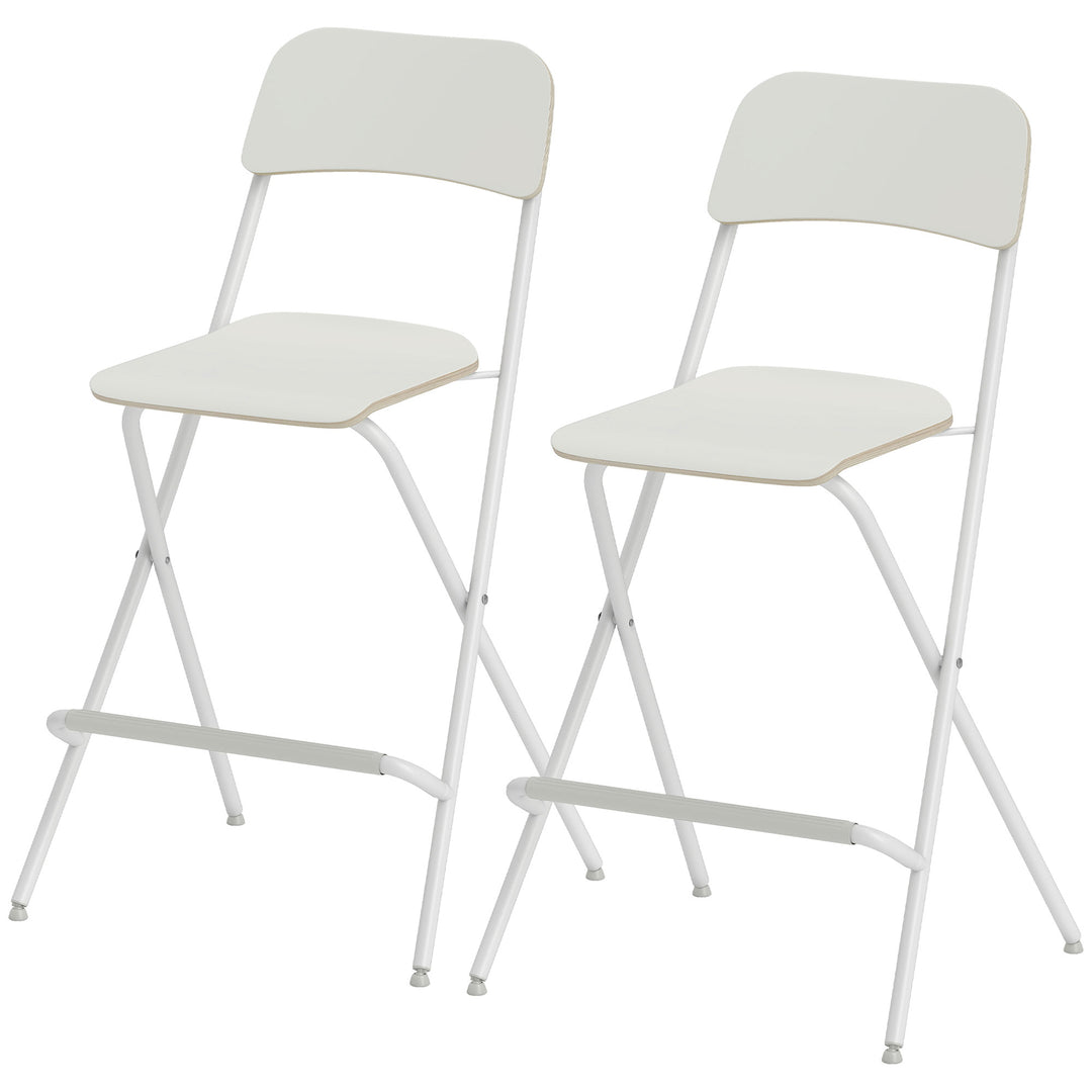 HOMCOM Folding Bar Stools Set of 2, Counter Height Foldable Stool with Wooden Effect Seat and Steel Frame for Kitchen, White