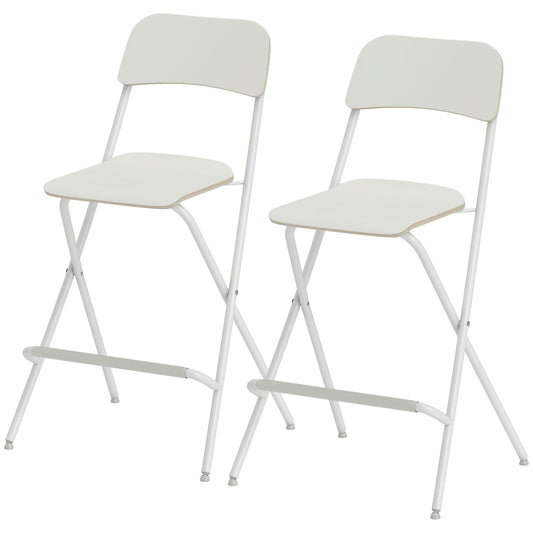 HOMCOM Folding Bar Stools Set of 2, Counter Height Foldable Stool with Wooden Effect Seat and Steel Frame for Kitchen, White