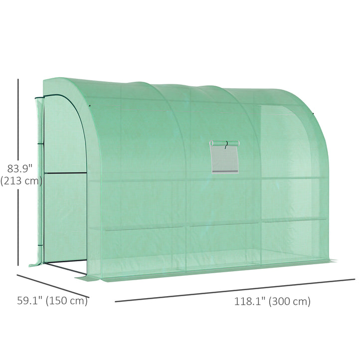 Outsunny Walk-in Wall Lean-to Greenhouse, 10' x 5' x 7' Outdoor Gardening Green House with PE Cover, Windows, Shelves and 2 Zipper Doors, Green