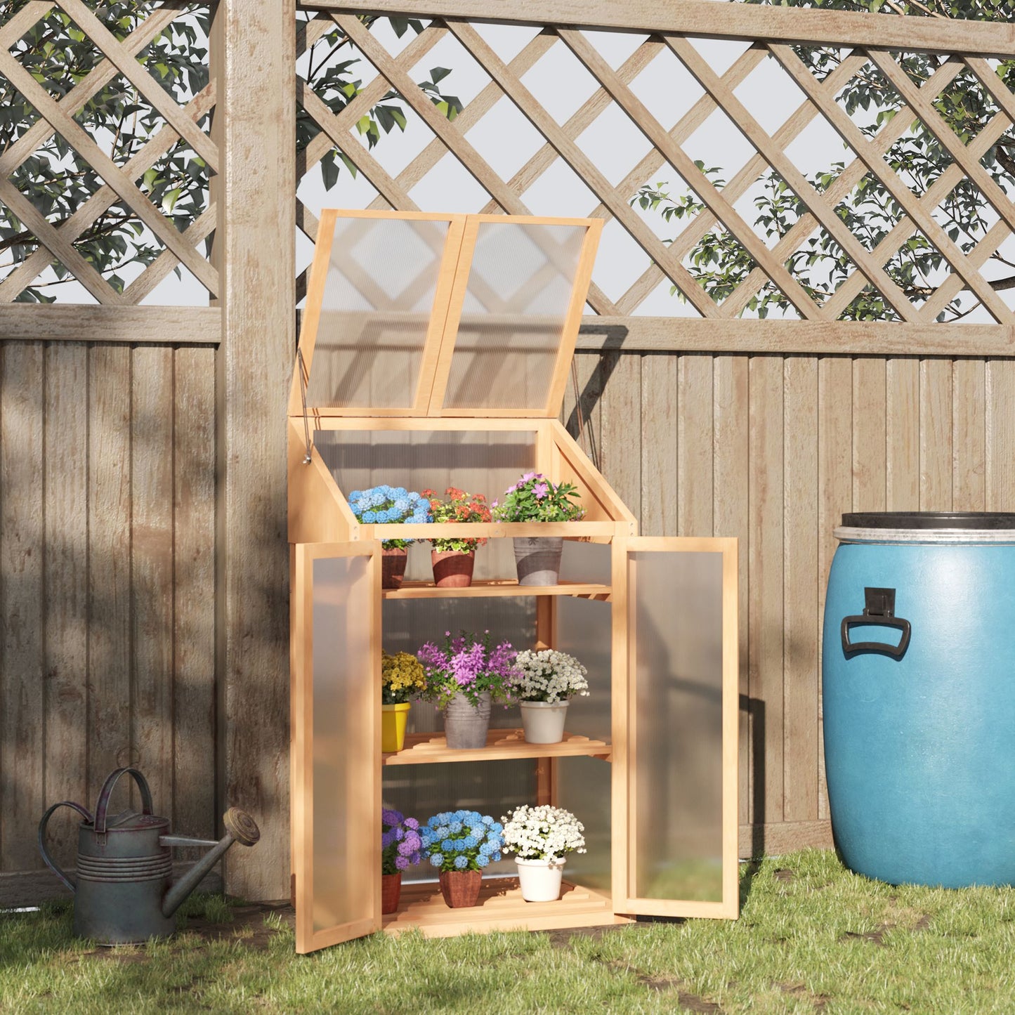 Outsunny Wooden Cold Frame Greenhouse, Raised Planter Bed Protection with Openable Top and 3 Shelves for Outdoor Indoor, 27.5" x 19.75" x 47.25", Brown