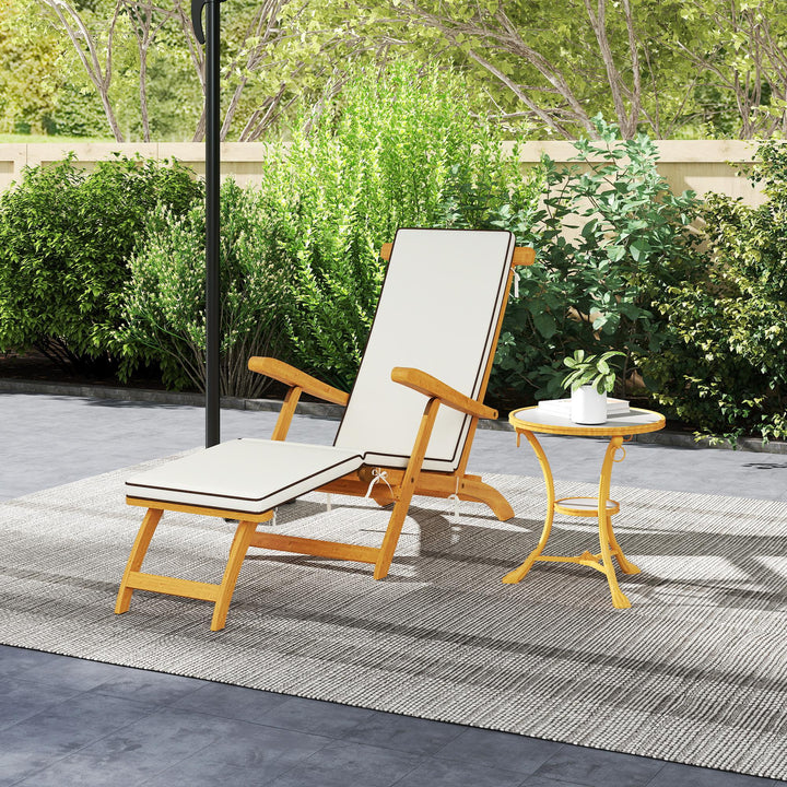 Outsunny Folding Patio Lounge Chair with Padded Cushion, Acacia Wood Patio Lounger Recliner with Footrest for Garden, White