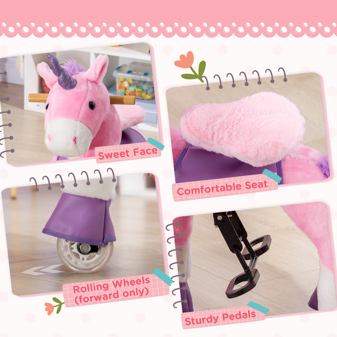 Qaba Ride On Unicorn Walking Horse Mechanical Pony Toy with Wheels Gift for 3-6 Years Girls Boys Pink