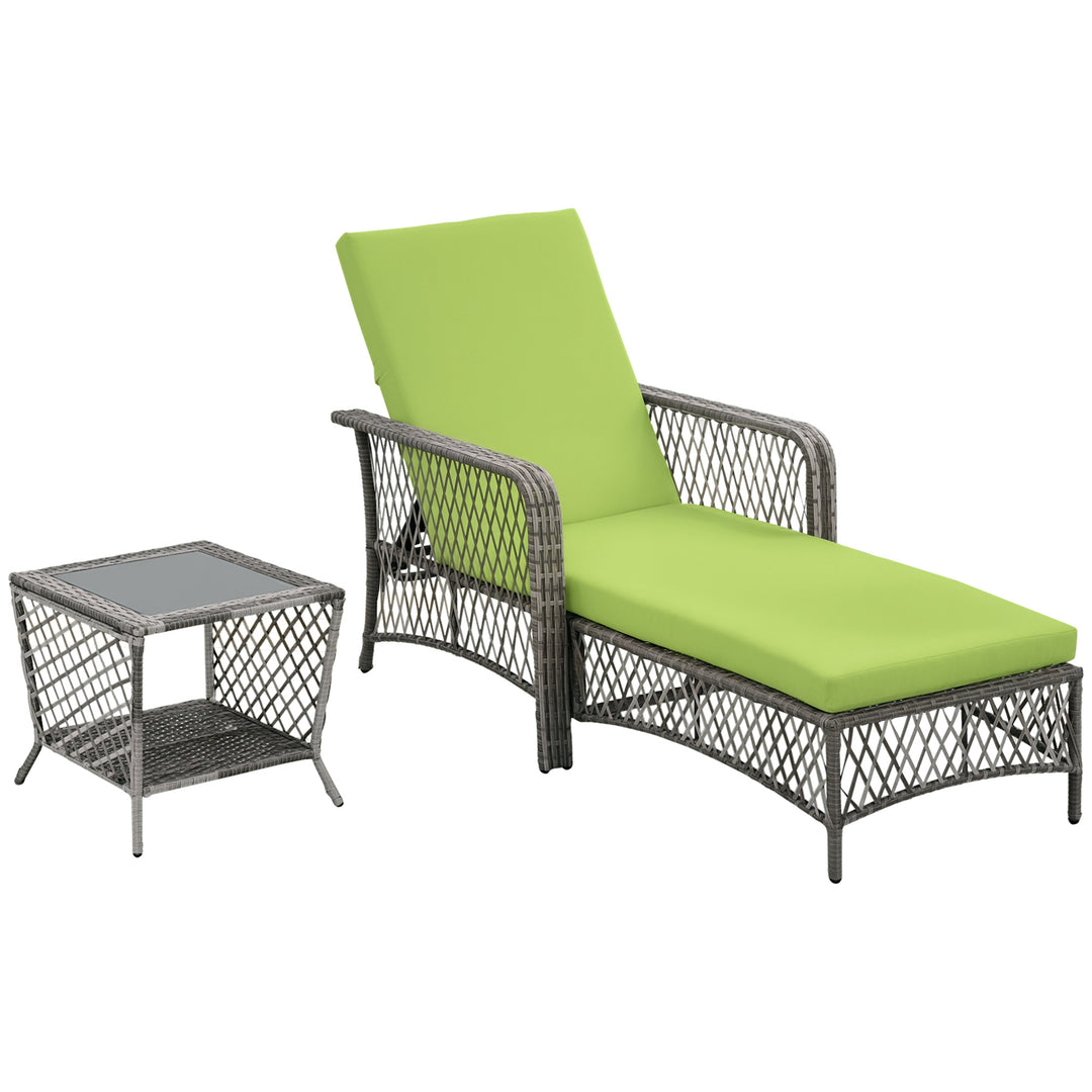 Outsunny 2 Pieces Wicker Patio Lounge Set w/ Cushions, Outdoor PE Rattan Sun Lounger Sets w/ 5-Level Reclining Chaise Chair & Two-tier Glass Top Coffee Table, Cream White