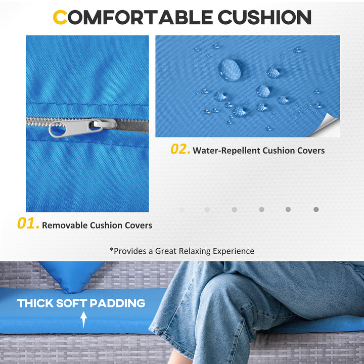 Outsunny 5 Pieces Wicker Patio Conversation Dining Furniture Set with Cushions, Table and Ottomans, Bright Blue