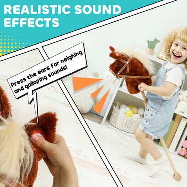 Qaba Unicorn Stick Horse, Plush Hobby Horse with Wood Wheels, Real Pony Neighing and Galloping Sounds, for Kids, Brown