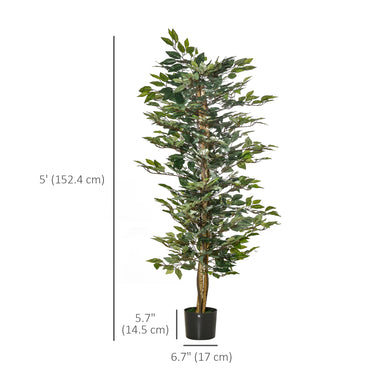 HOMCOM 5FT Artificial Ficus Tree, Fake Tree with Leaves, Faux Plant in Nursery Pot for Indoor Decoration