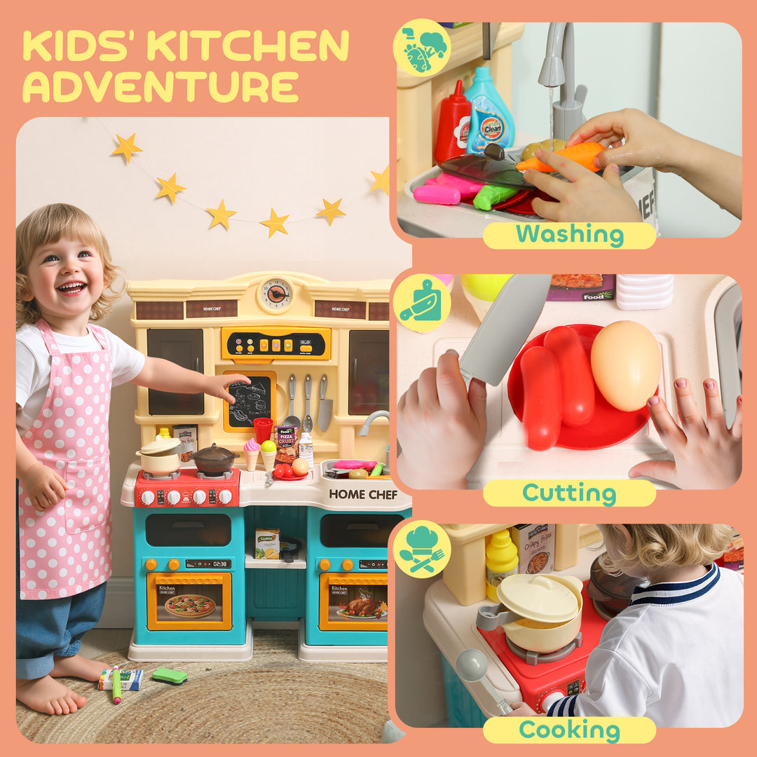 Qaba Play Kitchen Set, Kids Kitchen Playset with Real Lights and Sounds, Sink, Stove, Clock, Accessories, Green