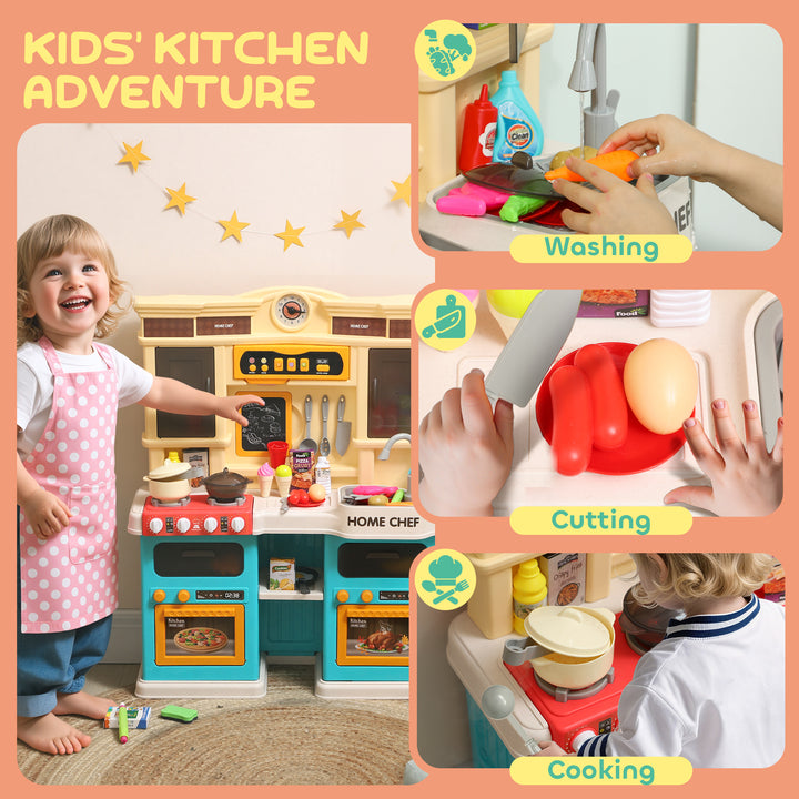 Qaba Play Kitchen Set, Kids Kitchen Playset with Real Lights and Sounds, Sink, Stove, Clock, Accessories, Green