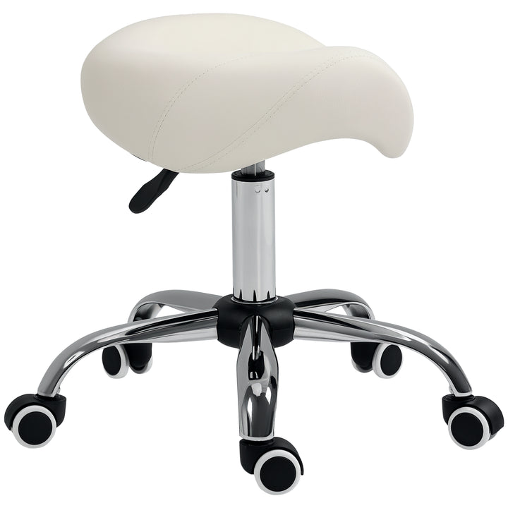 HOMCOM Cosmetic Stool 360° Rotate Height Adjustable Salon Massage Spa Chair Hydraulic Rolling Faux Leather Saddle Stool Mobility, Cream White