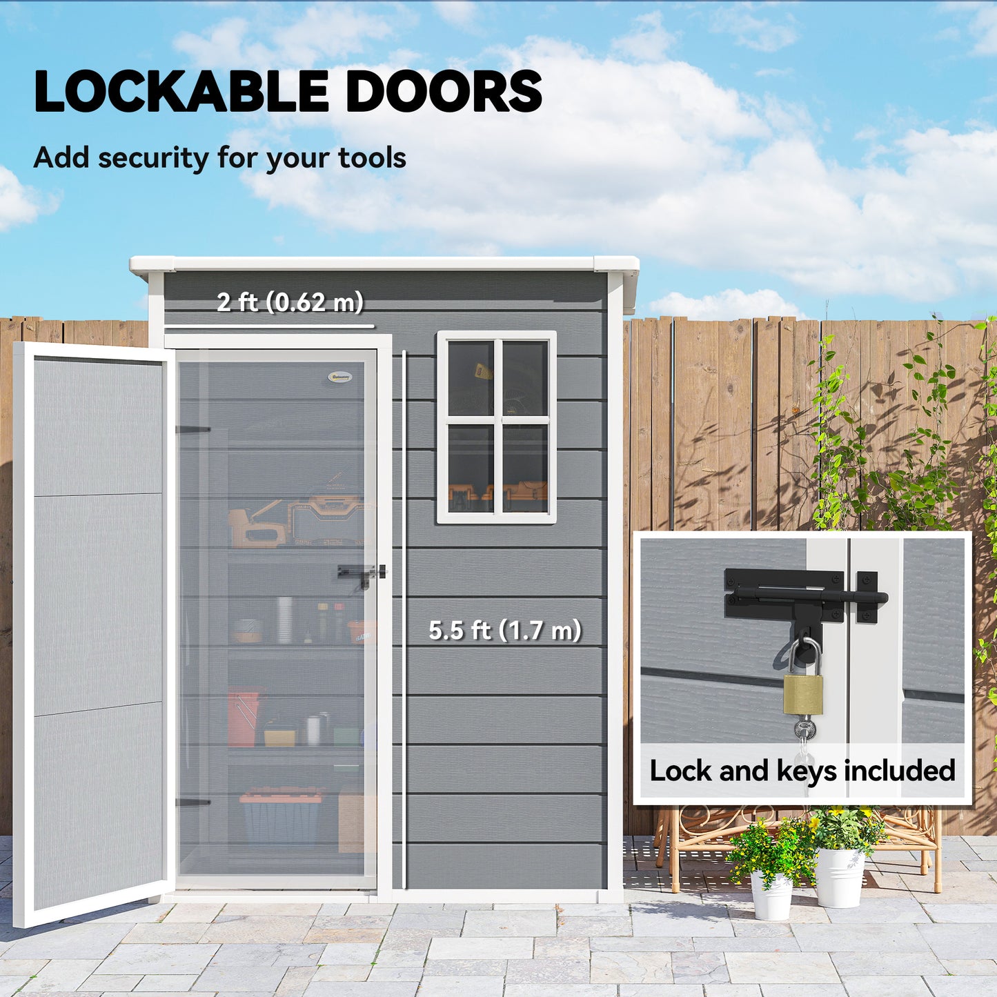 Outsunny 5 x 3FT Garden Shed with Floor, Outdoor Storage Shed with Lockable Door, Window and Vent for Backyard, Patio, Grey