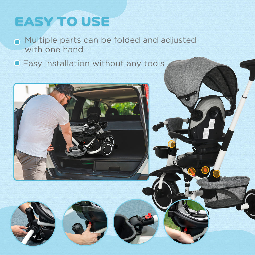 Aosom 6-in-1 Toddler Tricycle for 12-50 Months, Foldable Kids Trike with Adjustable Seat and Push Handle, Safety Harness, Removable Canopy, Footrest, Grey