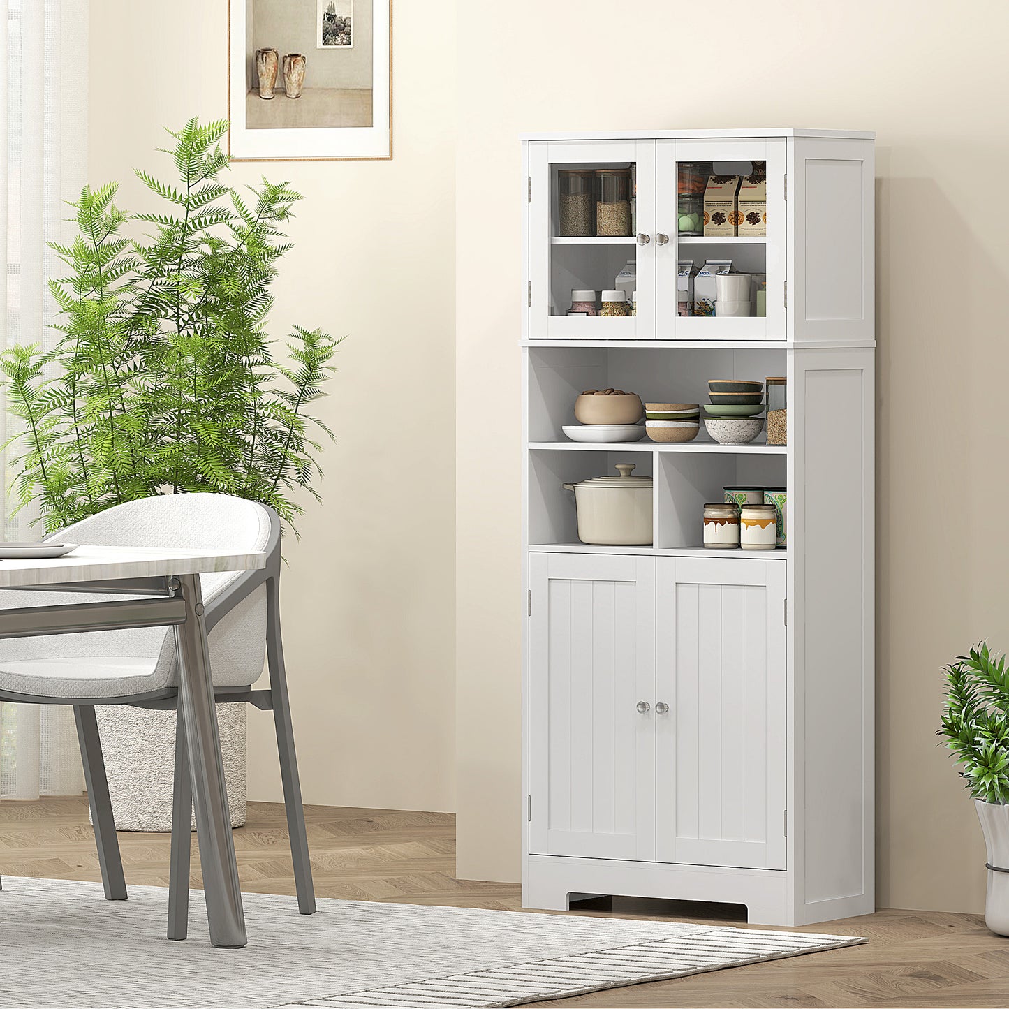 HOMCOM 57" Kitchen Pantry, Freestanding Pantry Storage Cabinet with Glass Doors, Adjustable Shelves, Open Compartments, White