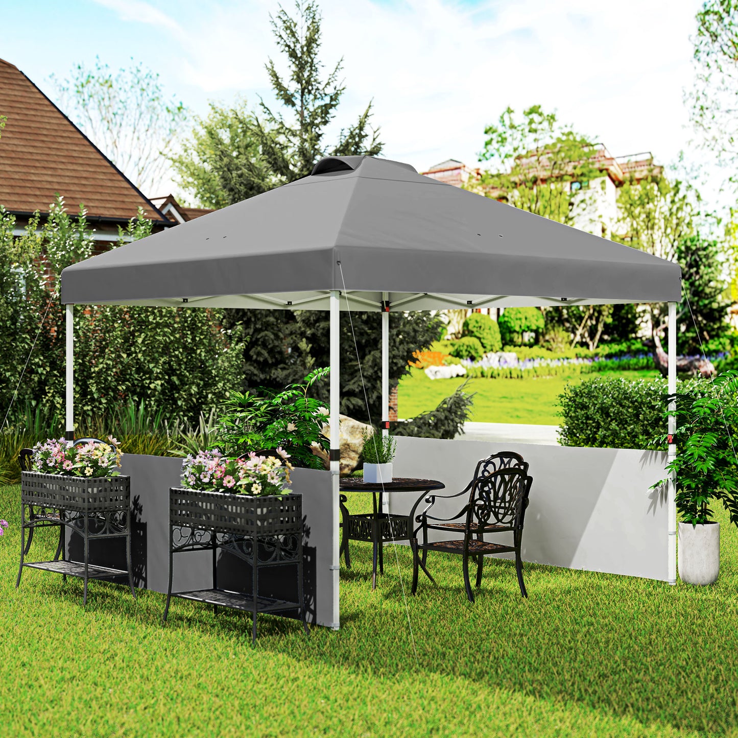 Outsunny 10' x 10' Pop Up Canopy Tent with 2 Half Sidewalls, UV50+ Height Adjustable Instant Sun Shelter, White