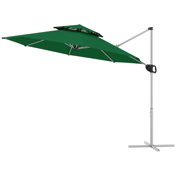 Outsunny 10 FT Cantilever Patio Umbrella with 360° Rotation & Adjustable Height, Cross Base, Crank and Tilt, Dark Green