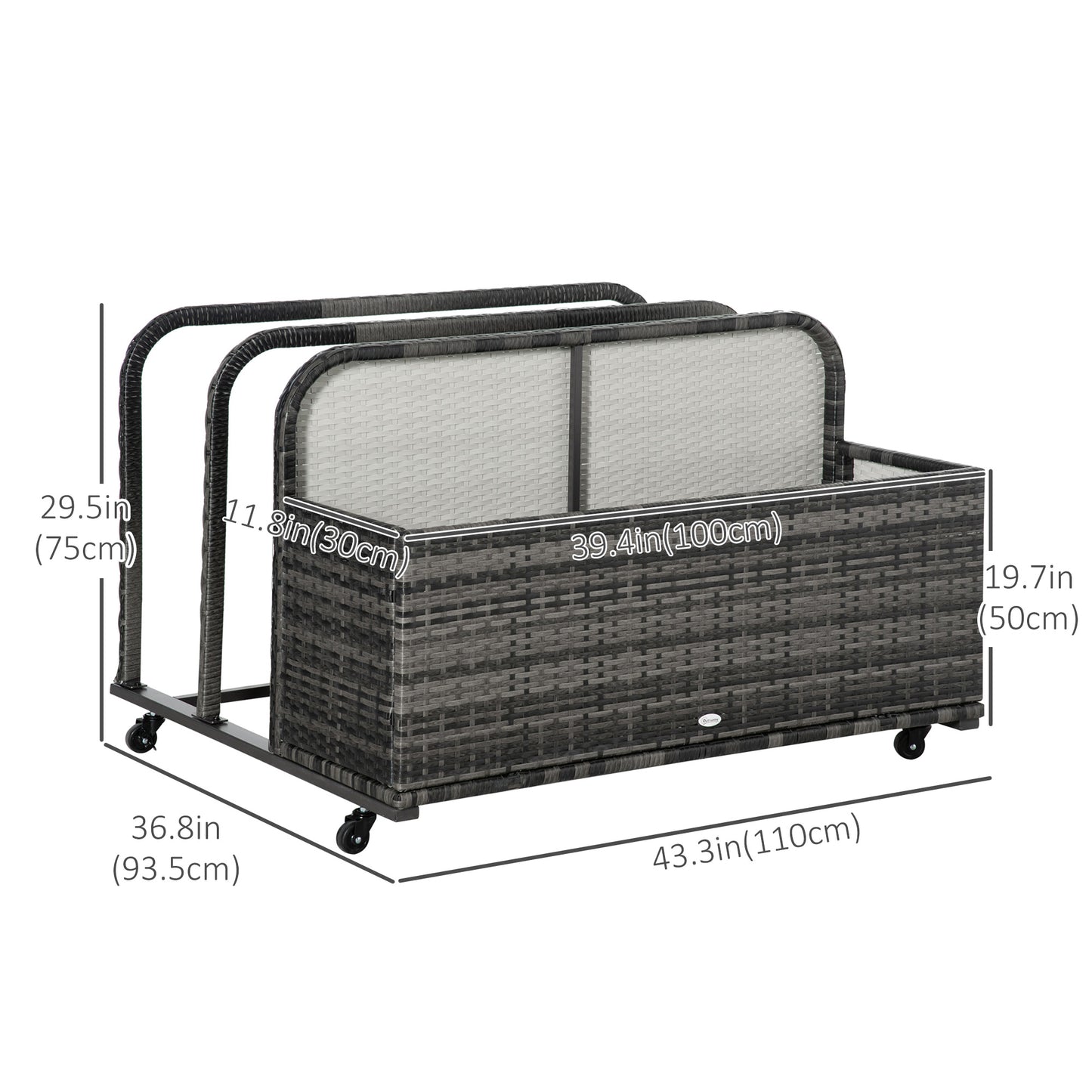 Outsunny Rolling Pool Storage Rattan Patio Furniture Outdoor Storage Wicker Organizer for Floats, Paddles, Balls, Towels, Brown