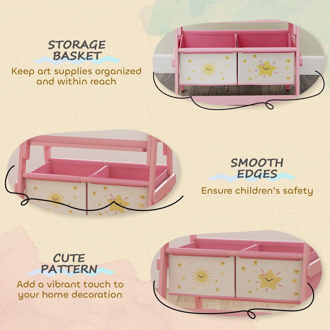 Qaba Art Easel for Kids, Double-Sided Whiteboard & Chalkboard with Paper Roll, 2 Storage Boxes, Gift for Boys, Girls, Pink