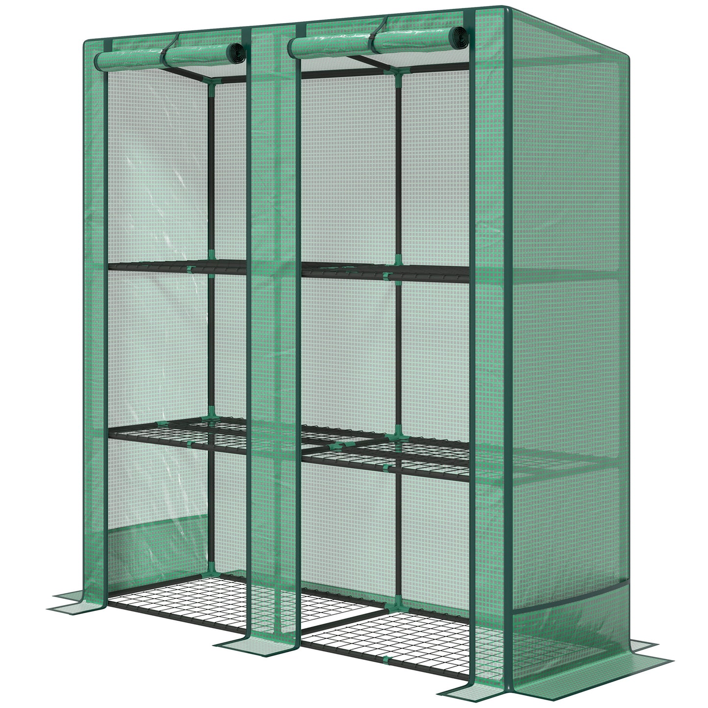 Outsunny Mini Greenhouse with 3 Tier Shelves, 3 Roll-Up Doors for Indoor Outdoor, Green