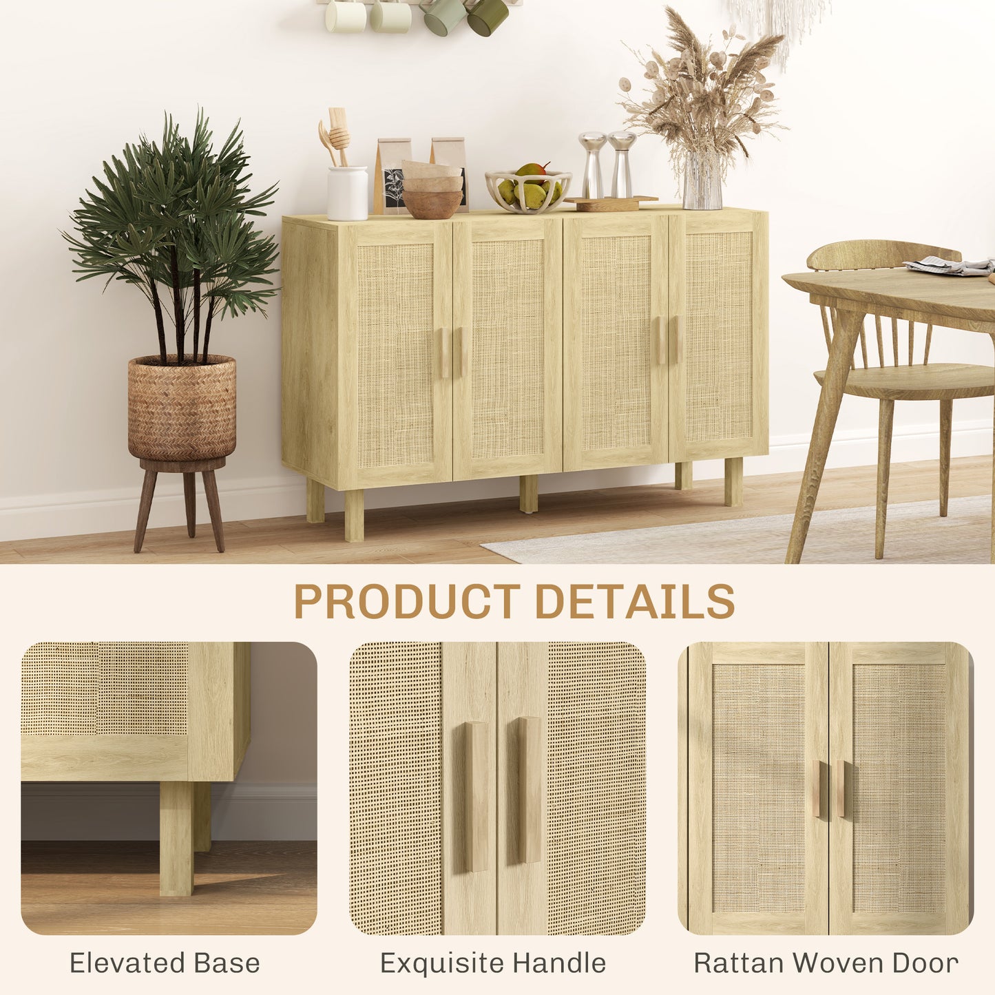 HOMCOM Boho Sideboard Buffet Cabinet, Storage Cabinet with 4 Rattan Doors and Adjustable Shelves, Black