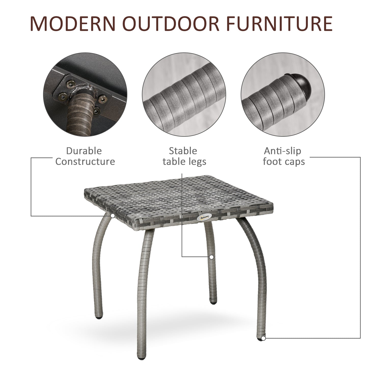 Outsunny 18" Rattan Coffee Table Outdoor Side Table Patio Wicker Furniture, Small Square with All-Weather PE for Garden, Balcony, Backyard, Poolside, Grey