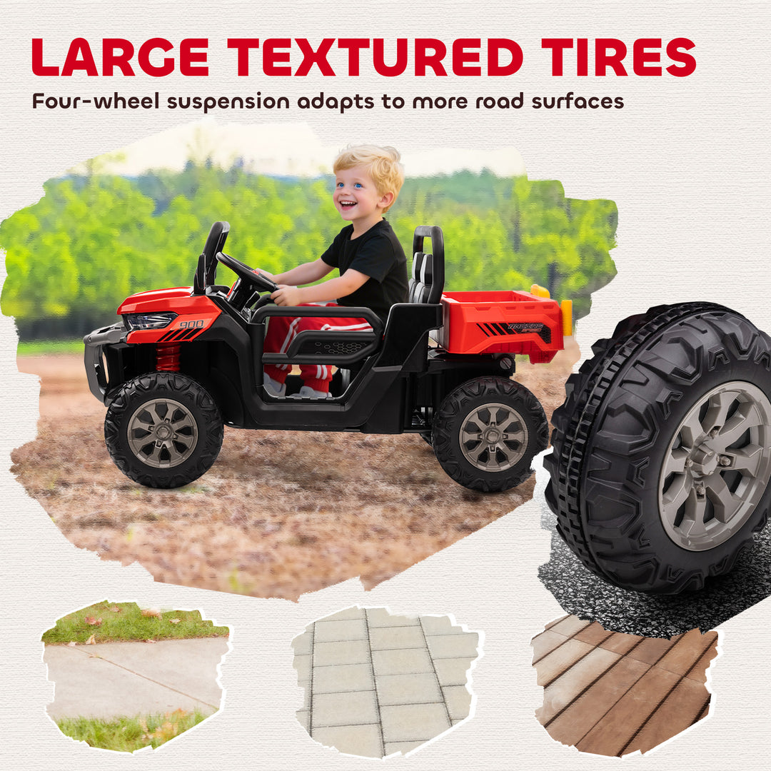 Aosom 12V Ride on Car with Electric Bucket, Two-Seater, Shovel, Remote Control, Spring Suspension, Horn, Music, Red