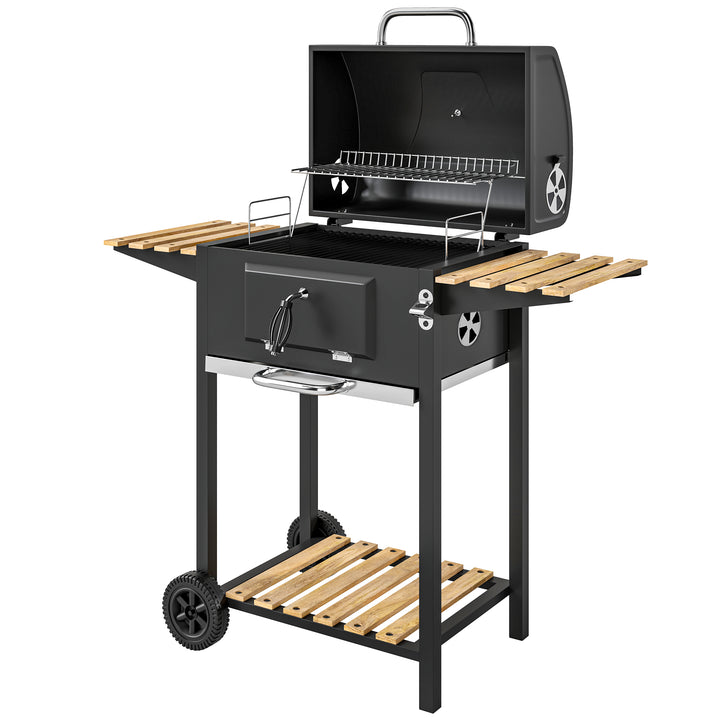 Outsunny 20" Charcoal BBQ Grill Barbecue on Wheels with Adjustable Charcoal Pan, Spacious Cooking Area, 3 Shelves, Thermometer