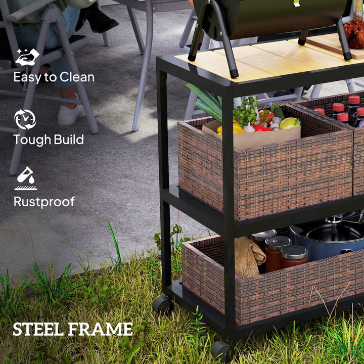 Outsunny Outdoor Bar Cart with Side Handle, 3-Tier Rolling Cart on Wheels with Removable Rattan Basket, Mixed-Brown