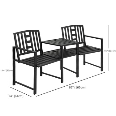 Outsunny Metal Outdoor Bench, 2-Seater Garden Bench with Middle Table, Umbrella Hole, Slatted Seat and Backrest, Black