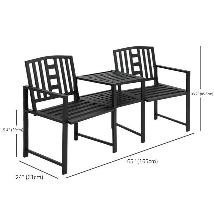 Outsunny Metal Outdoor Bench, 2-Seater Garden Bench with Middle Table, Umbrella Hole, Slatted Seat and Backrest, Black