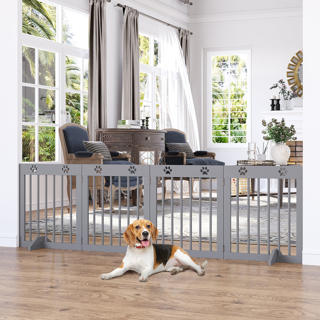 PawHut Freestanding Pet Gate 4 Panel Wooden Dog Barrier Folding Safety Fence with Support Feet for Doorway Stairs Light Grey