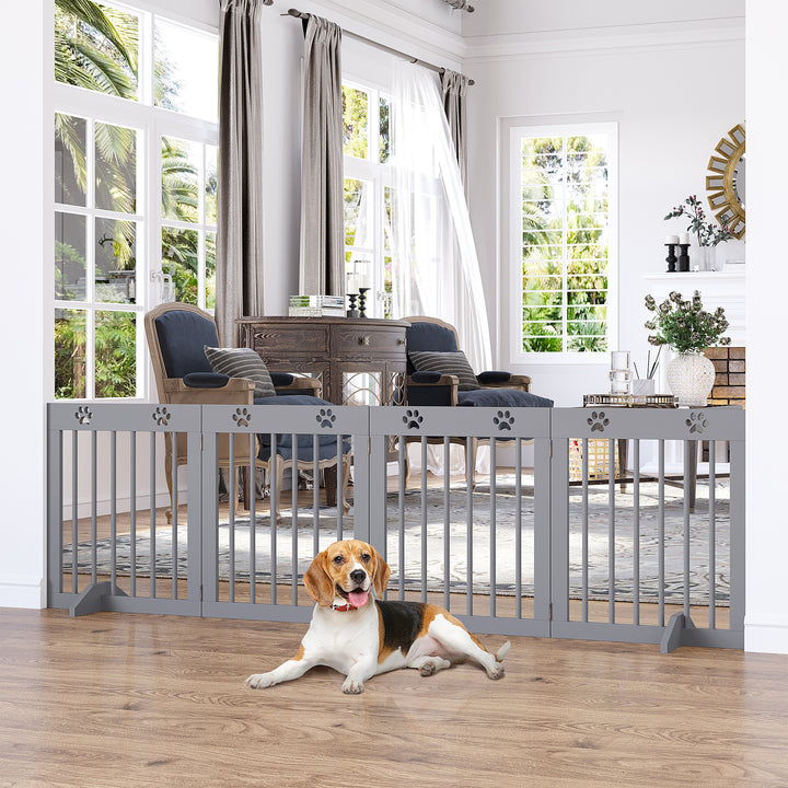 PawHut Freestanding Pet Gate 4 Panel Wooden Dog Barrier Folding Safety Fence with Support Feet for Doorway Stairs Light Grey