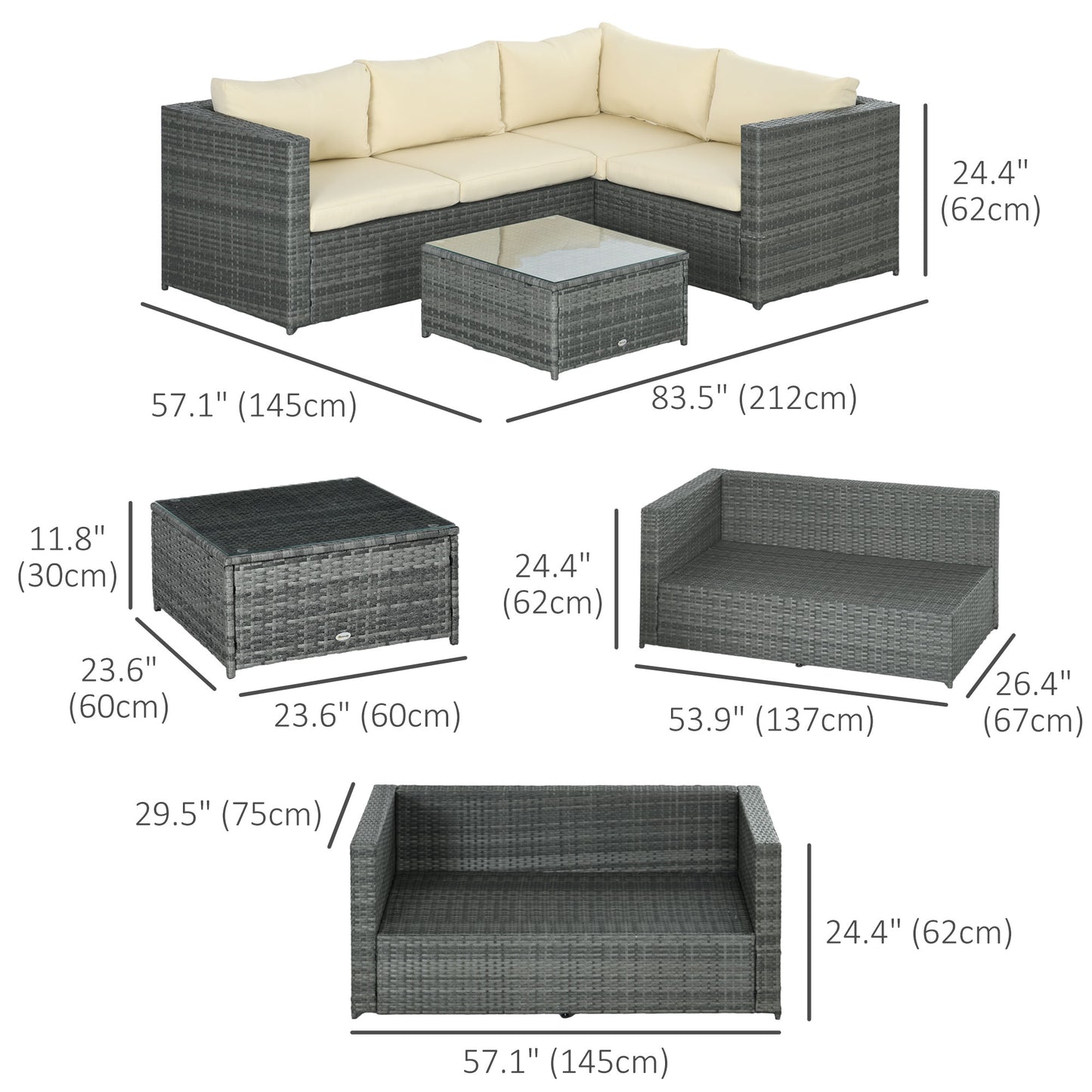 Outsunny 3 Pieces Rattan Wicker Outdoor Conversation Furniture Set w/ Loveseats Coffee Table Cushions for Garden, Patio, Beige