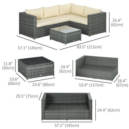 Outsunny 3 Pieces Rattan Wicker Outdoor Conversation Furniture Set w/ Loveseats Coffee Table Cushions for Garden, Patio, Beige