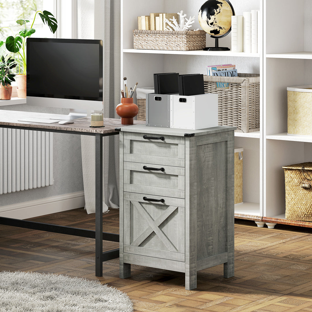 HOMCOM Vertical Filing Cabinet with 3 Drawers, Rustic Farmhouse Office Storage Cabinet for A4, Letter Size, Stone Grey