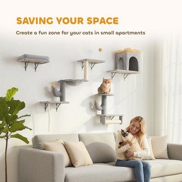PawHut Cat Wall Shelves, 4 Pcs Cat Wall Furniture Set with Scratching Posts, Condo, Hammock, Perchs, Light Grey