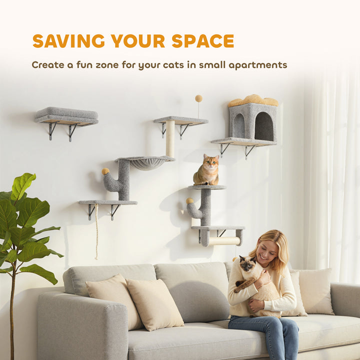 PawHut Cat Wall Shelves, 4 Pcs Cat Wall Furniture Set with Scratching Posts, Condo, Hammock, Perchs, Light Grey