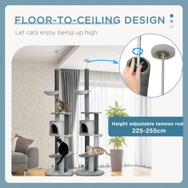 PawHut 89"-100" Floor to Ceiling Cat Tree w/ Hammock, Scratching Posts, Condo, Perches, Toy Ball, Anti-tip Kit, Grey