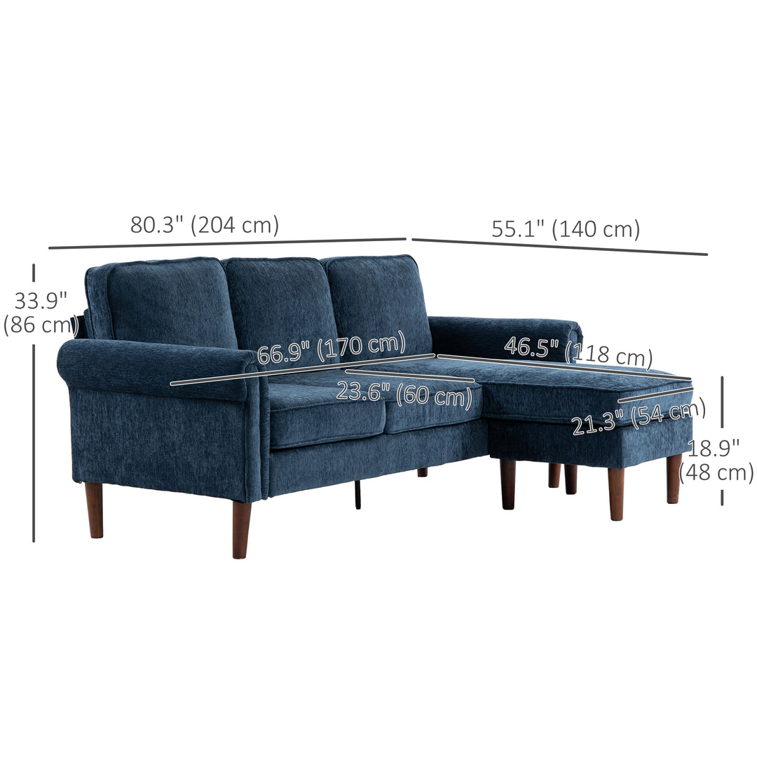 HOMCOM L Shape Sofa, Modern Sectional Couch with Changeable Chaise Lounge, Wooden Legs, Corner Sofa for Living Room, Dark Blue