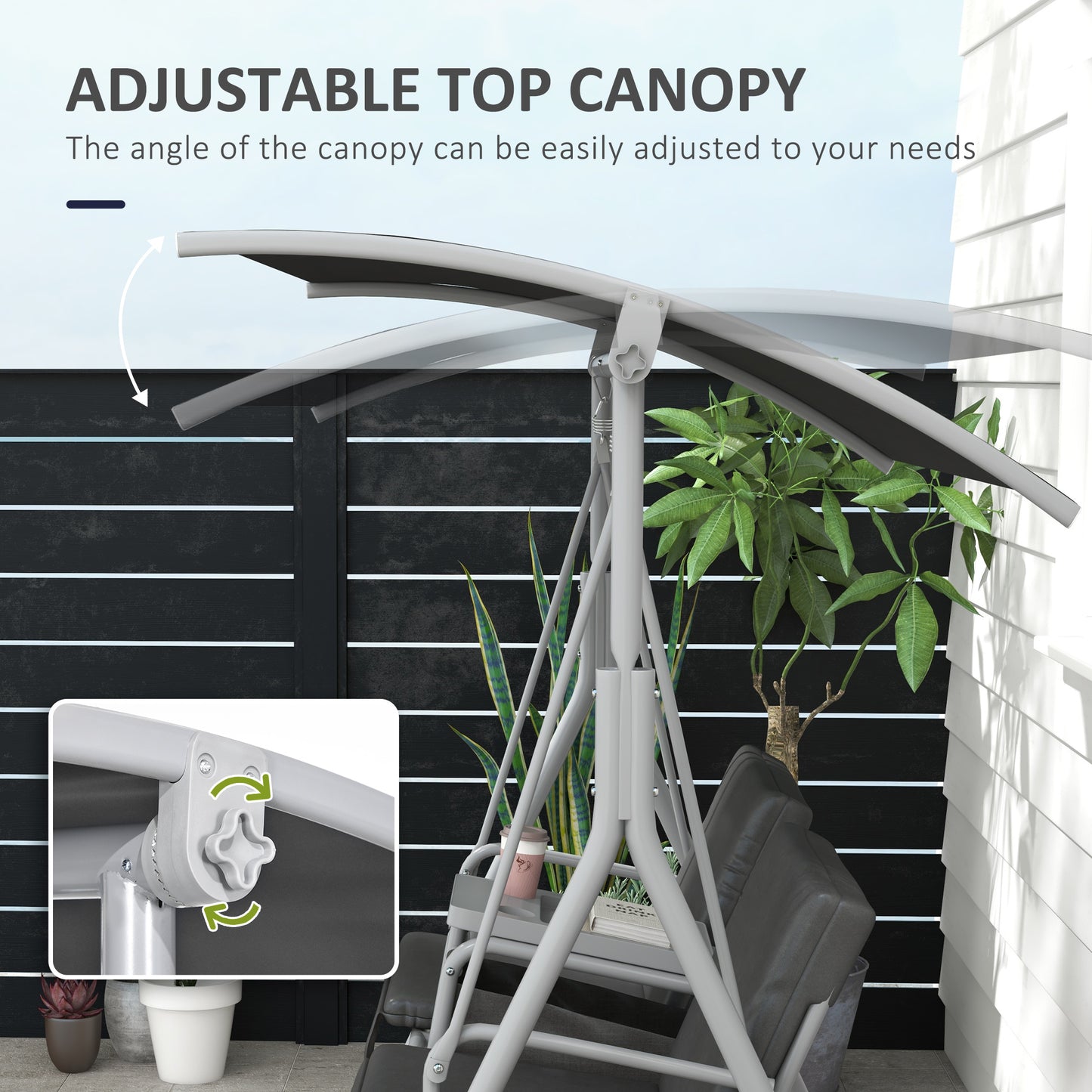 Outsunny 2-Seater Outdoor Porch Swing with Adjustable Canopy and Table, Patio Swing Chair for Garden, Poolside, Backyard, Grey