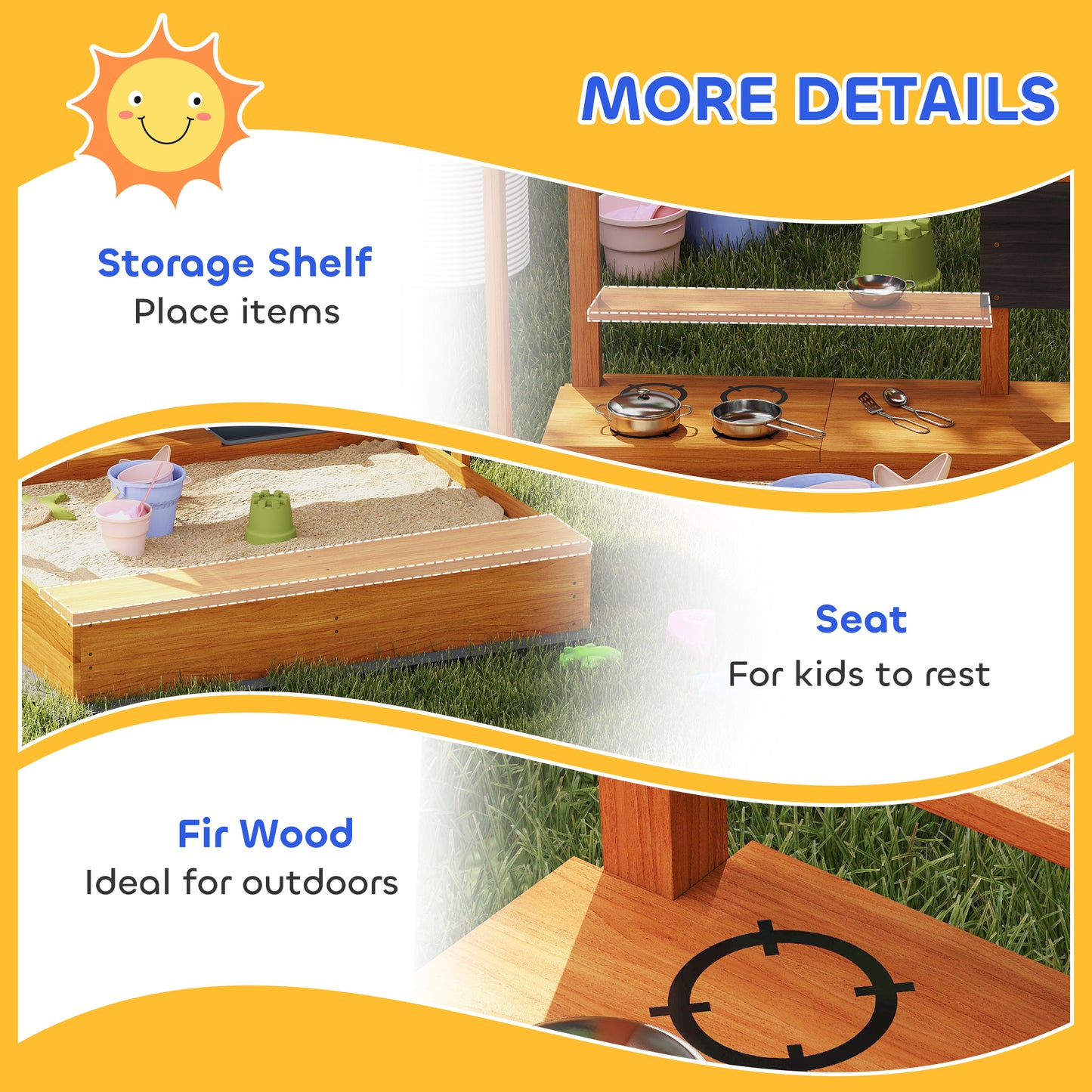 Outsunny Kids Sandbox with Cover Kitchen Playset Toys, Wooden Sand Box with Seat, Storage, for 3-7 Years Old, Grey