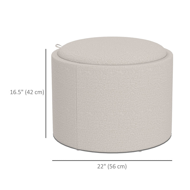 HOMCOM Round Coffee Table, End Table with Hidden Storage and Tray Top, Linen Upholstered Footrest for Living Room